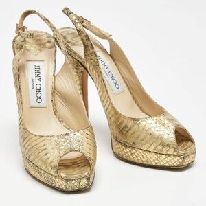 Jimmy Choo Nova Gold Snakeskin Leather Peep Toe Platform Slingback Pumps Size 36